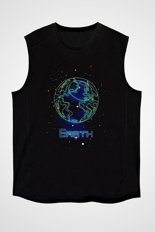Dünya Çizim Baskılı Unisex Kolsuz Siyah Tişört - Tshirt