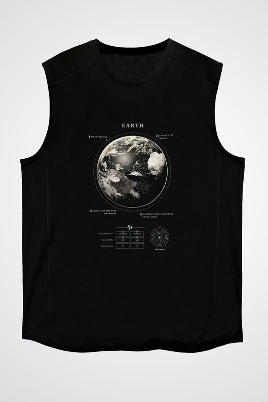 Dünya Fiziksel Özellikleri Baskılı Unisex Kolsuz Siyah Tişört - Tshirt
