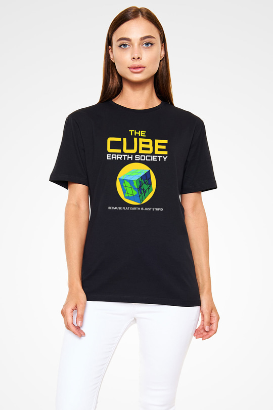 Dünya Küp Baskılı Unisex Siyah Tişört - Tshirt