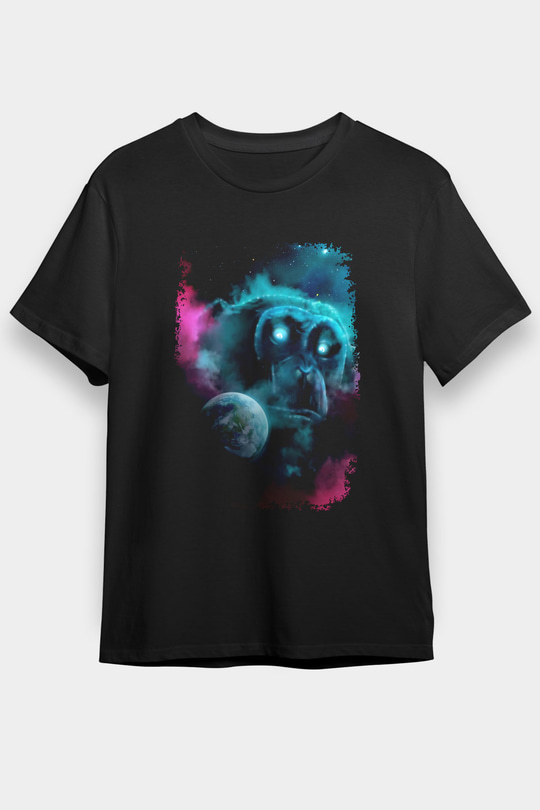 Dünya Maymun Baskılı Unisex Siyah Tişört - Tshirt