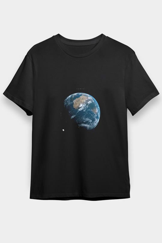 Dünya Renkli Fotoğraf Baskılı Unisex Siyah Tişört - Tshirt