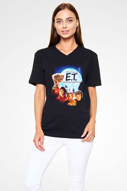 E.T. Siyah Unisex V Yaka Tişört