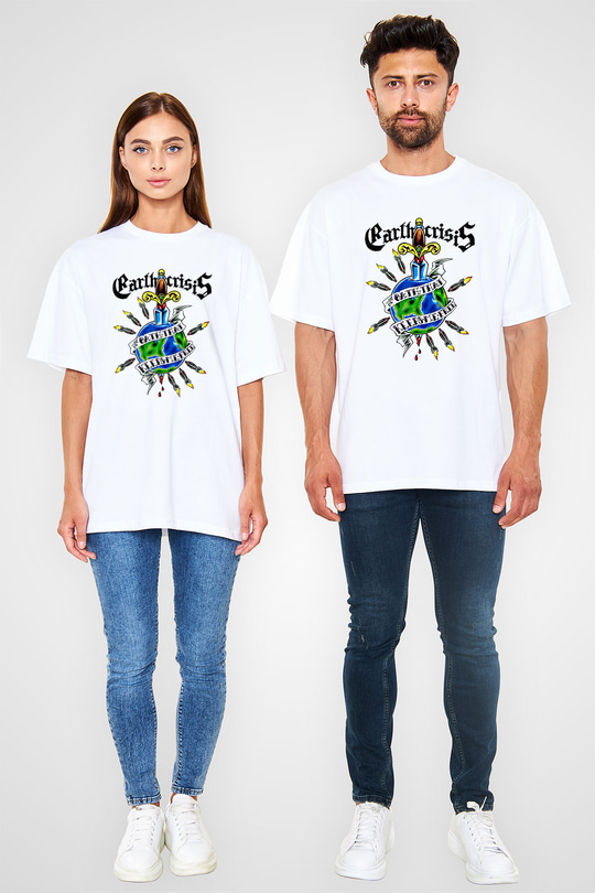 Earth Crisis Baskılı Beyaz Unisex Oversize Tişört - Tshirt