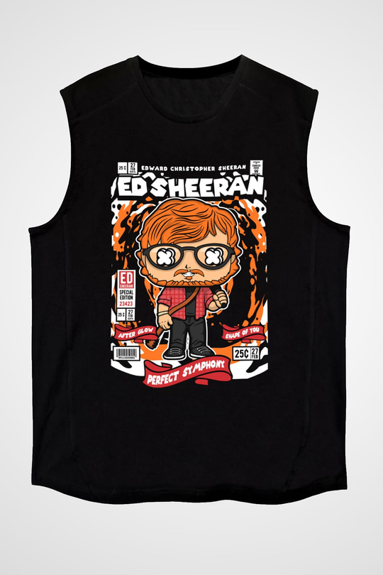 Ed Sheeran Baskılı Unisex Siyah Kolsuz Tişört