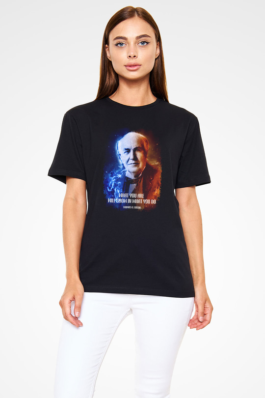 Edison Alıntı Baskılı Unisex Siyah Tişört - Tshirt