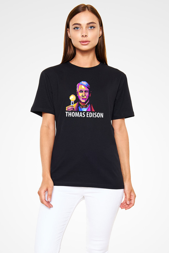 Edison Ampul Baskılı Unisex Siyah Tişört - Tshirt