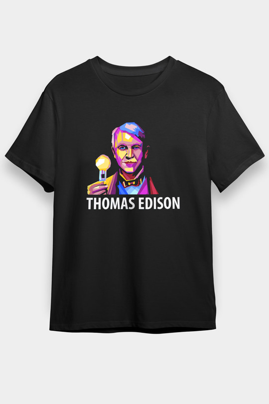 Edison Ampul Baskılı Unisex Siyah Tişört - Tshirt