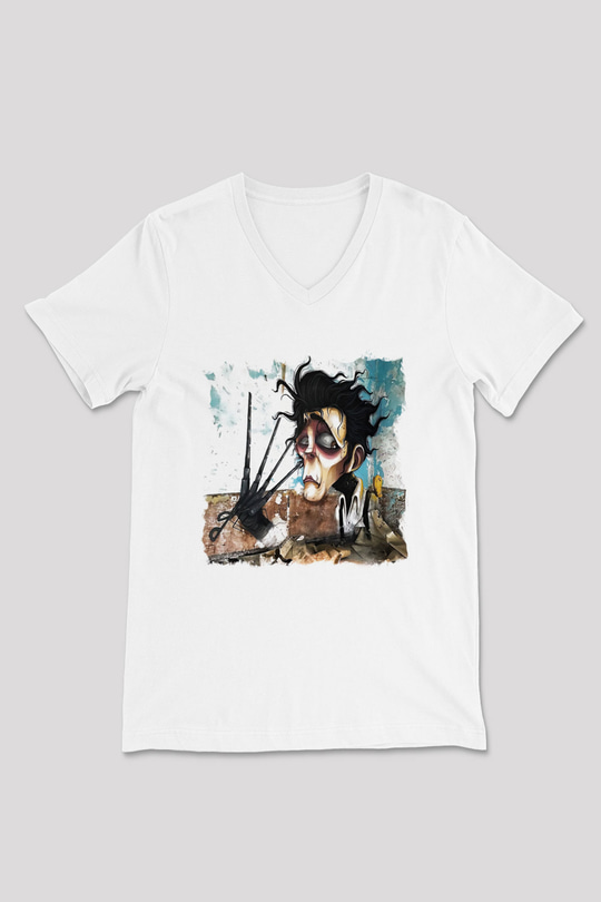 Edward Scissorhands Beyaz Unisex V Yaka Tişört