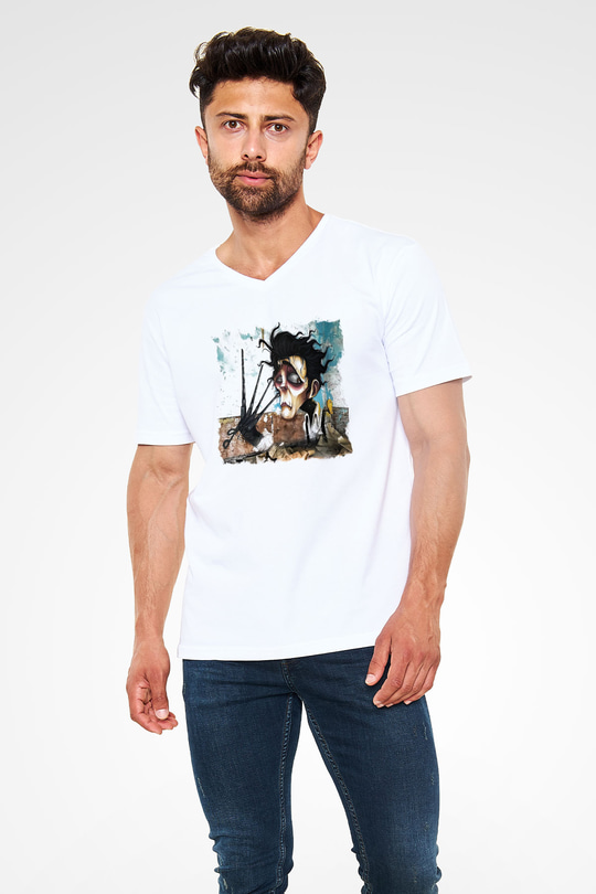 Edward Scissorhands Beyaz Unisex V Yaka Tişört