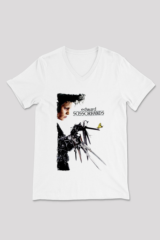 Edward Scissorhands Beyaz Unisex  V Yaka Tişört