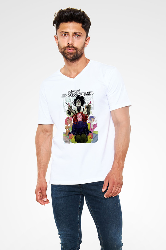 Edward Scissorhands Beyaz Unisex V Yaka Tişört