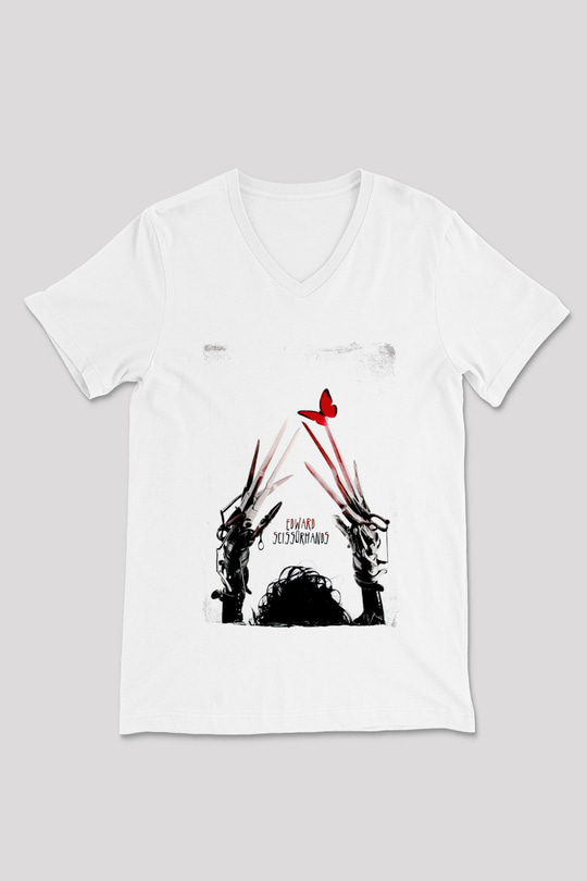 Edward Scissorhands Beyaz Unisex  V Yaka Tişört
