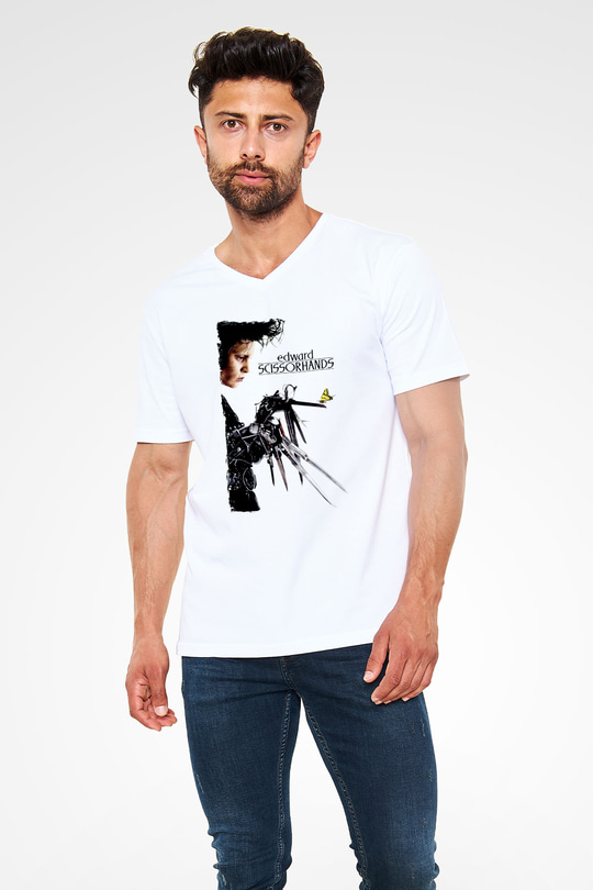 Edward Scissorhands Beyaz Unisex  V Yaka Tişört