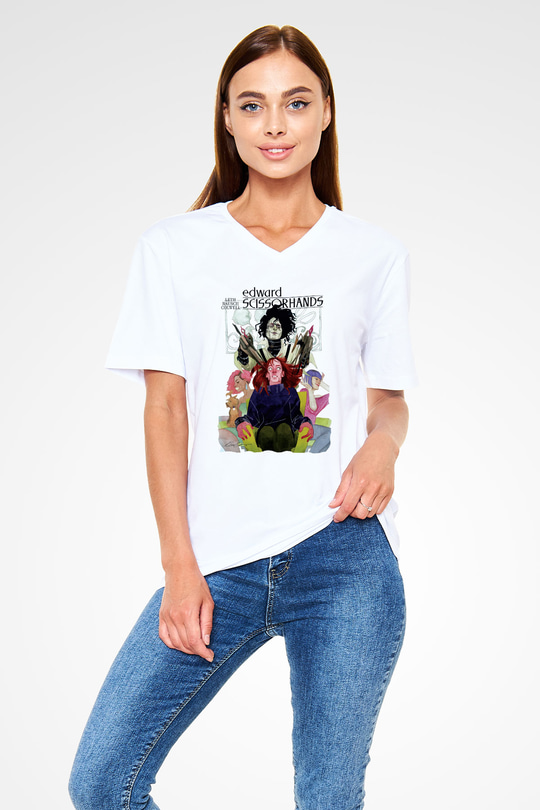 Edward Scissorhands Beyaz Unisex V Yaka Tişört