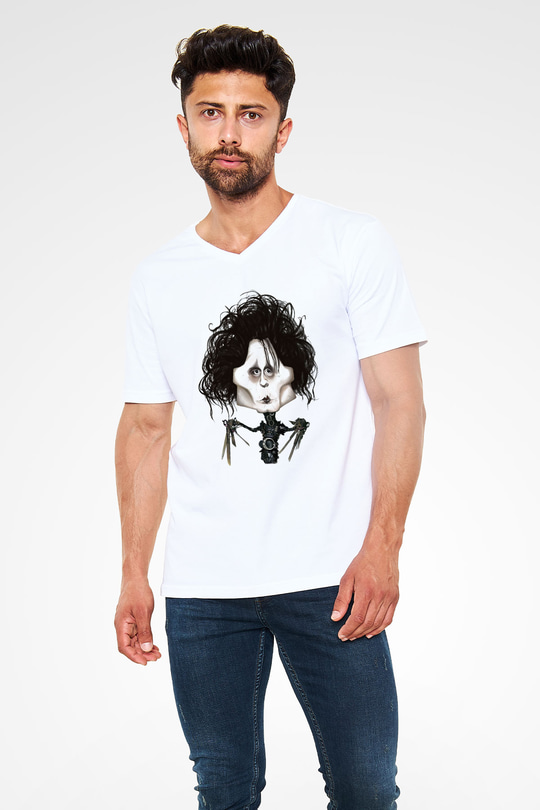 Edward Scissorhands Beyaz Unisex V Yaka Tişört