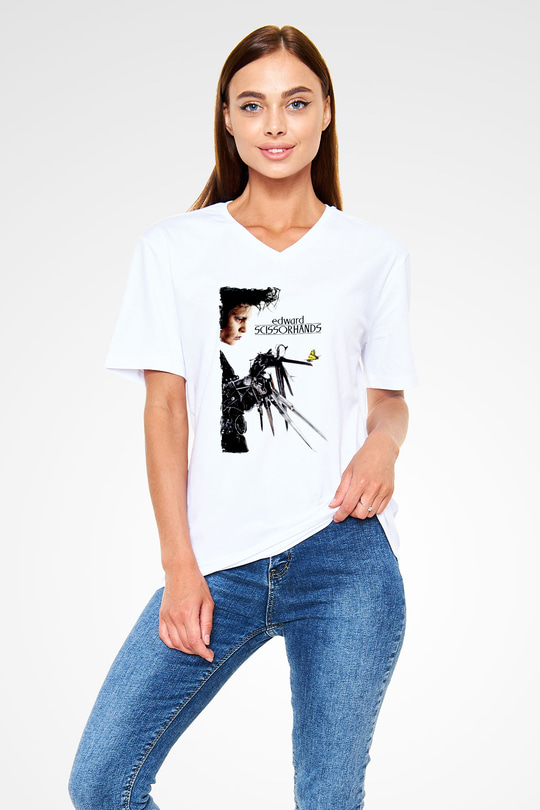 Edward Scissorhands Beyaz Unisex  V Yaka Tişört