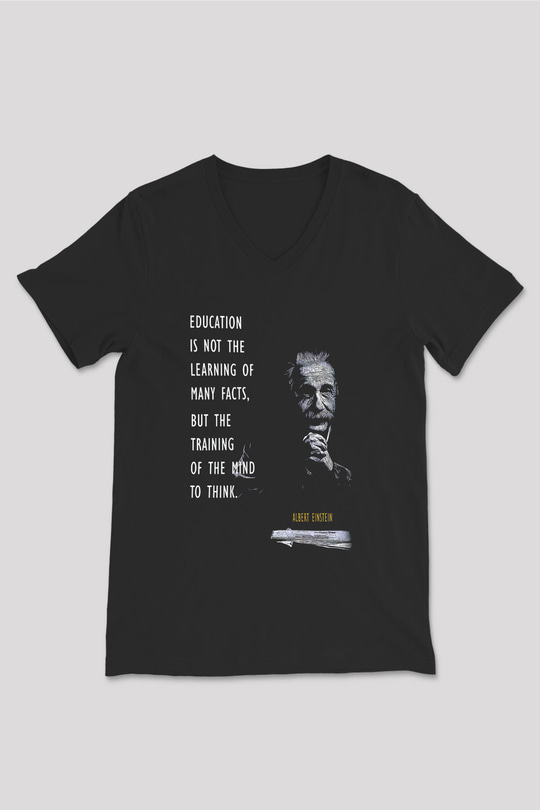 Einstein Alıntı Baskılı Unisex V Yaka Siyah Tİşört - Tshirt