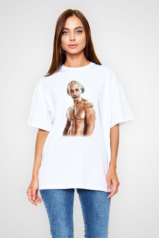 Einstein Beyaz Unisex Oversize Tişört T-Shirt