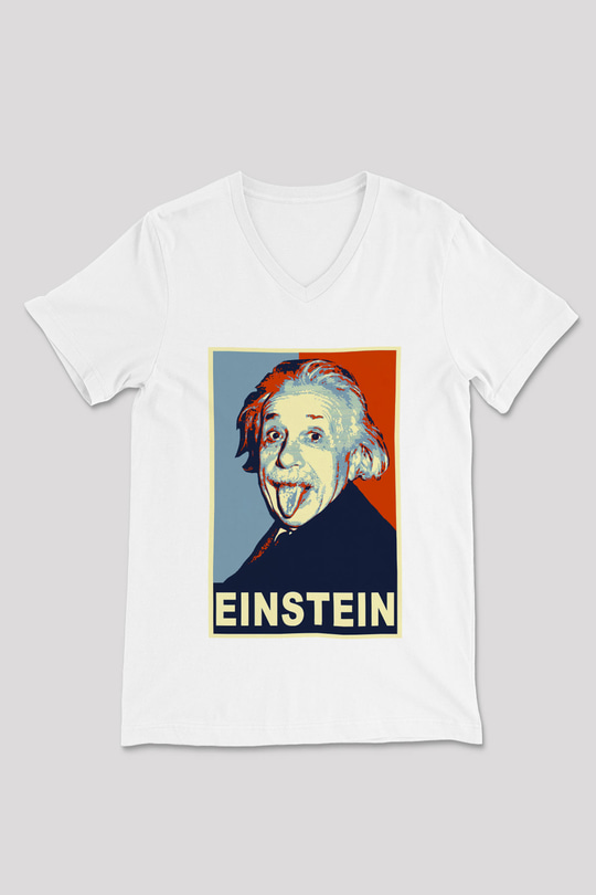 Einstein Beyaz Unisex V Yaka Tişört T-Shirt