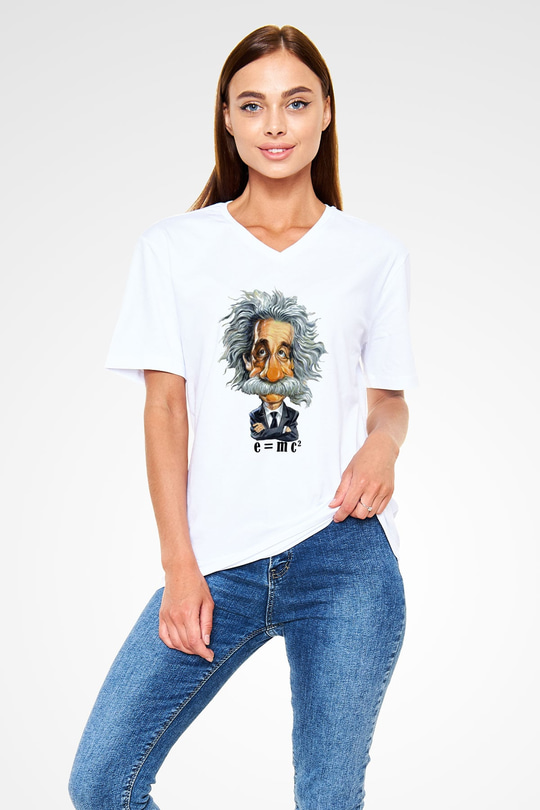 Einstein Beyaz Unisex V Yaka Tişört T-Shirt