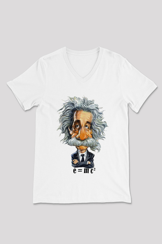 Einstein Beyaz Unisex V Yaka Tişört T-Shirt