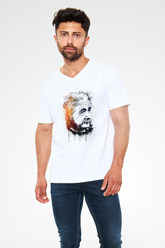Einstein Beyaz Unisex V Yaka Tişört T-Shirt