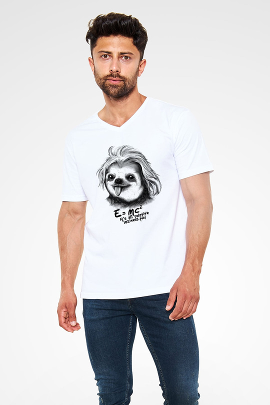 Einstein Beyaz Unisex V Yaka Tişört T-Shirt