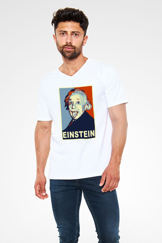 Einstein Beyaz Unisex V Yaka Tişört T-Shirt