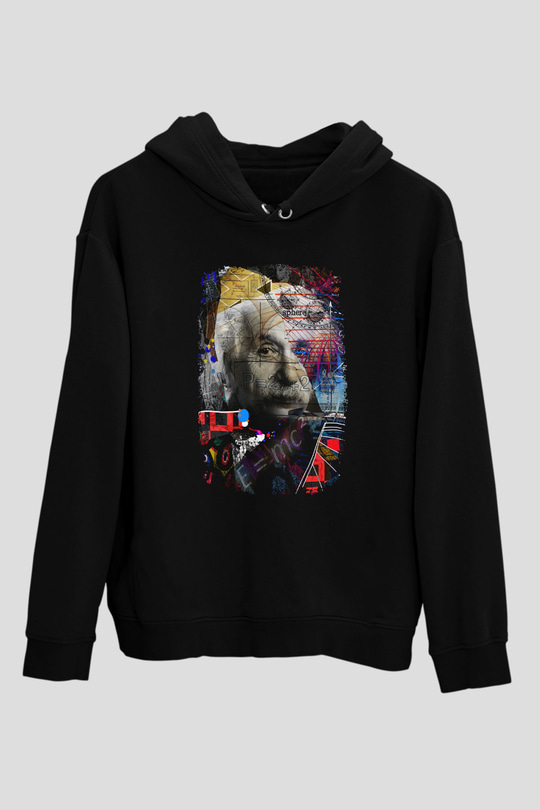 Einstein Pop Art Baskılı Unisex Siyah Hoodie