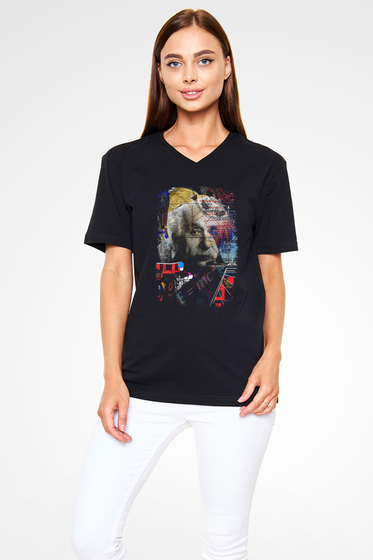 Einstein Pop Art Baskılı Unisex V Yaka Siyah Tİşört - Tshirt