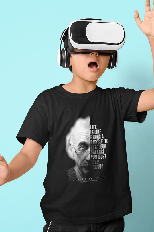 Einstein Portre Lıntı Baskılı Unisex Siyah Çocuk Tişörtü - Tshirt