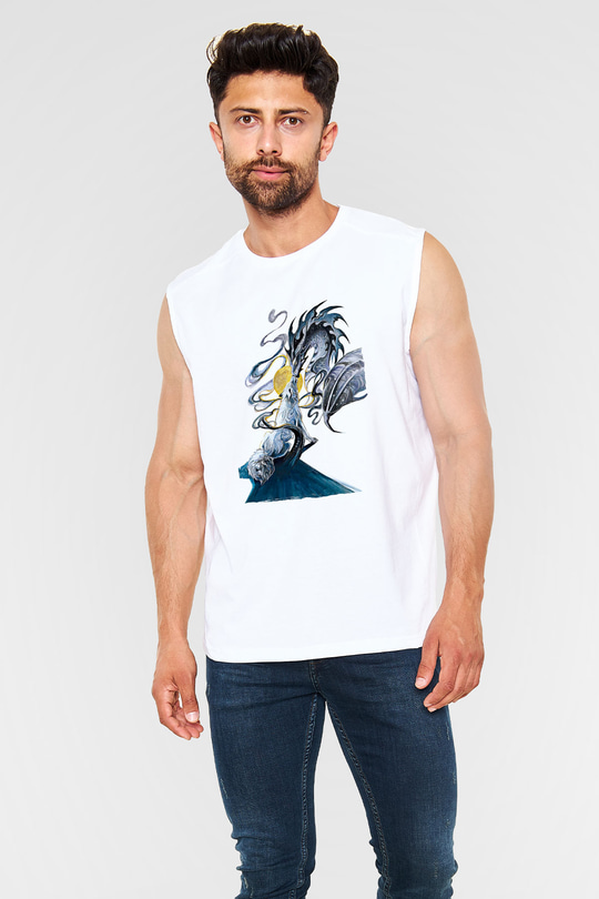 Ejderha Baskılı Beyaz Unisex Kolsuz Tişört - Tshirt