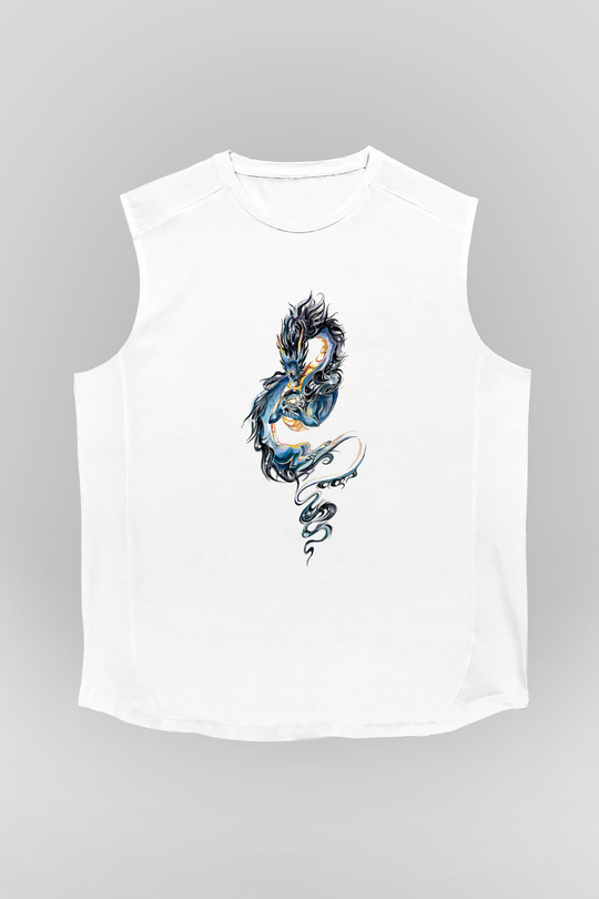 Ejderha Baskılı Beyaz Unisex Kolsuz Tişört - Tshirt