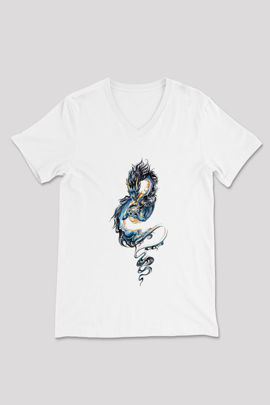 Ejderha Baskılı Beyaz Unisex V Yaka Tişört - Tshirt