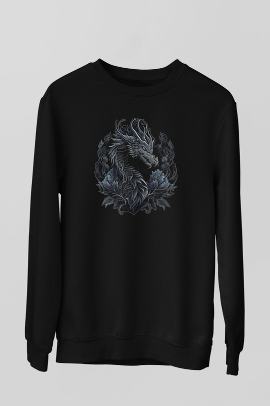 Ejderha Baskılı Unisex Siyah Sweatshirt