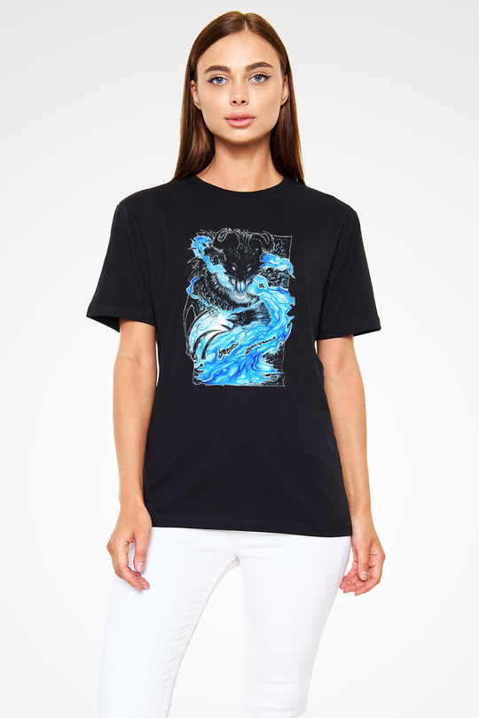 Ejderha Baskılı Unisex Siyah Tişört - Tshirt