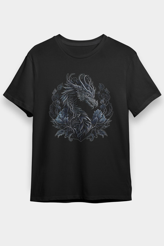 Ejderha Baskılı Unisex Siyah Tişört - Tshirt