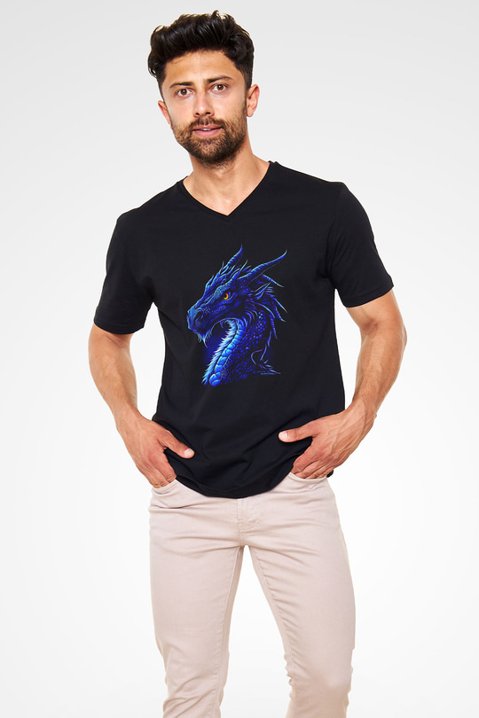 Ejderha Baskılı Unisex Siyah V Yaka Tişört - Tshirt