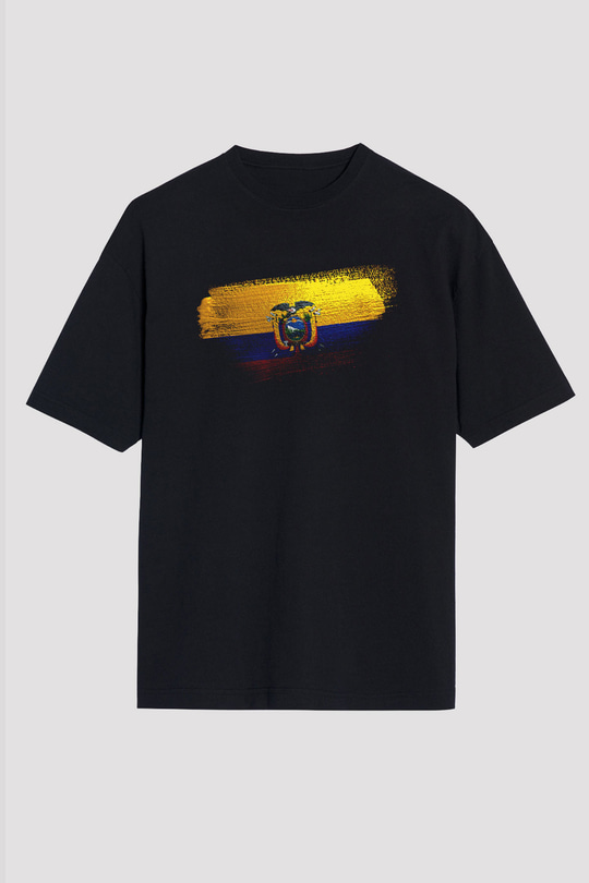 Ekvador - Ecuador Bayrağı Baskılı Unisex Siyah Oversize Tişört