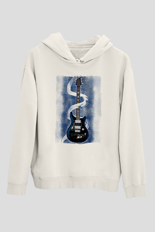 Elektro Gitar Baskılı Beyaz Unisex Hoodie