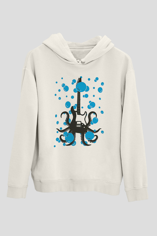 Elektro Gitar Baskılı Beyaz Unisex Hoodie