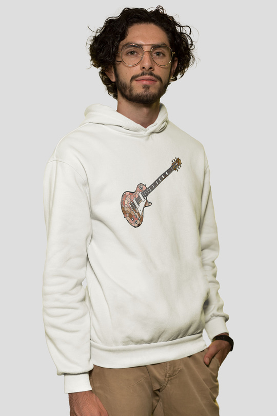 Elektro Gitar Baskılı Beyaz Unisex Hoodie