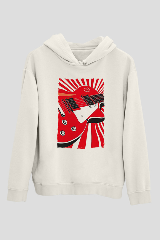 Elektro Gitar Baskılı Beyaz Unisex Hoodie