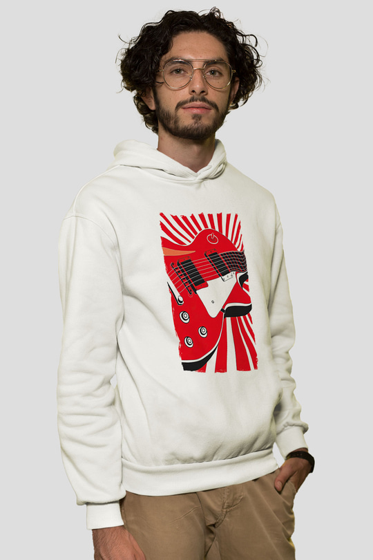 Elektro Gitar Baskılı Beyaz Unisex Hoodie