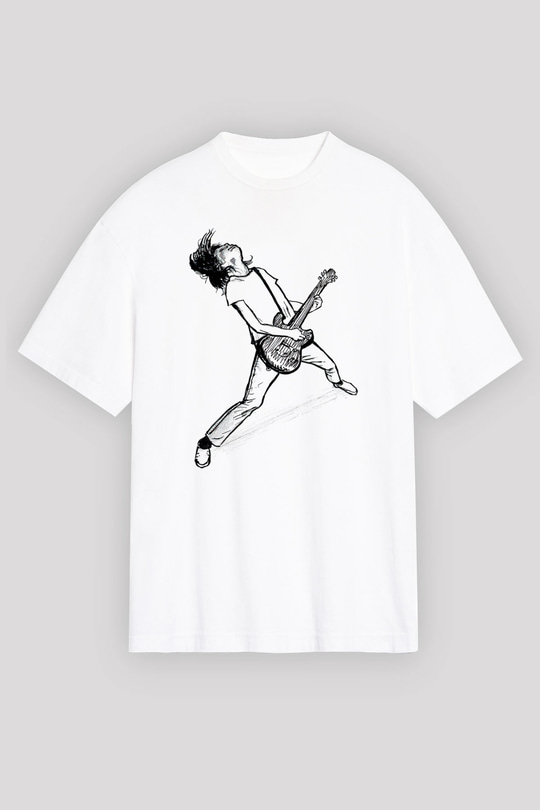 Elektro Gitar Baskılı Beyaz Unisex Oversize Tişört - Tshirt