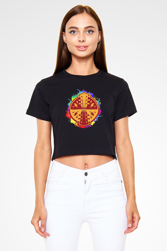 Elektro Gitar Baskılı Siyah Crop Top Kadın Tişört - Tshirt