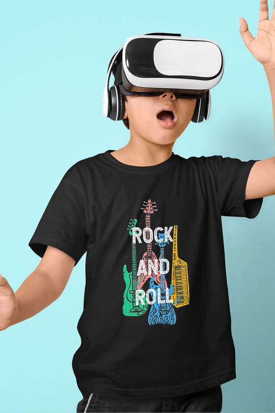 Elektro Gitar Baskılı Unisex Siyah Çocuk Tişört - Tshirt