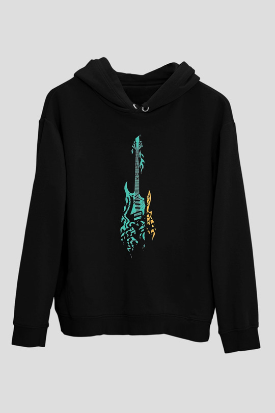 Elektro Gitar Baskılı Unisex Siyah Hoodie