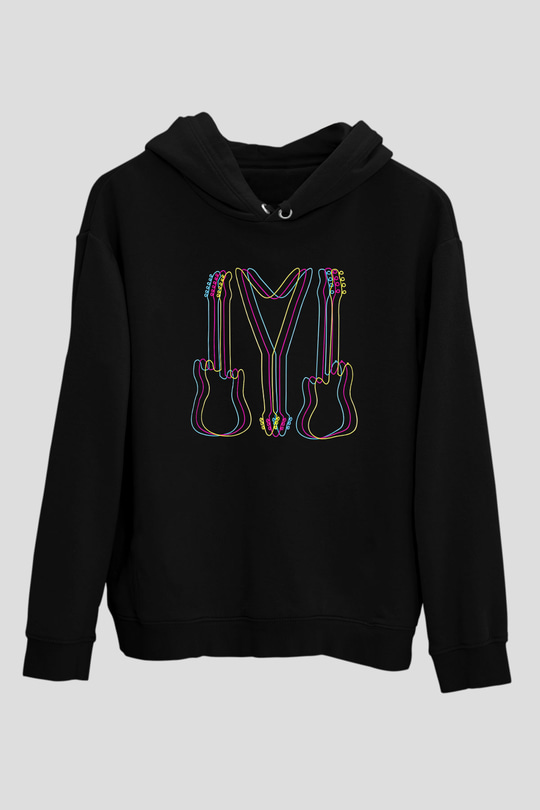 Elektro Gitar Baskılı Unisex Siyah Hoodie
