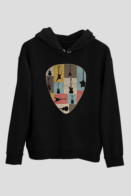 Elektro Gitar Baskılı Unisex Siyah Hoodie